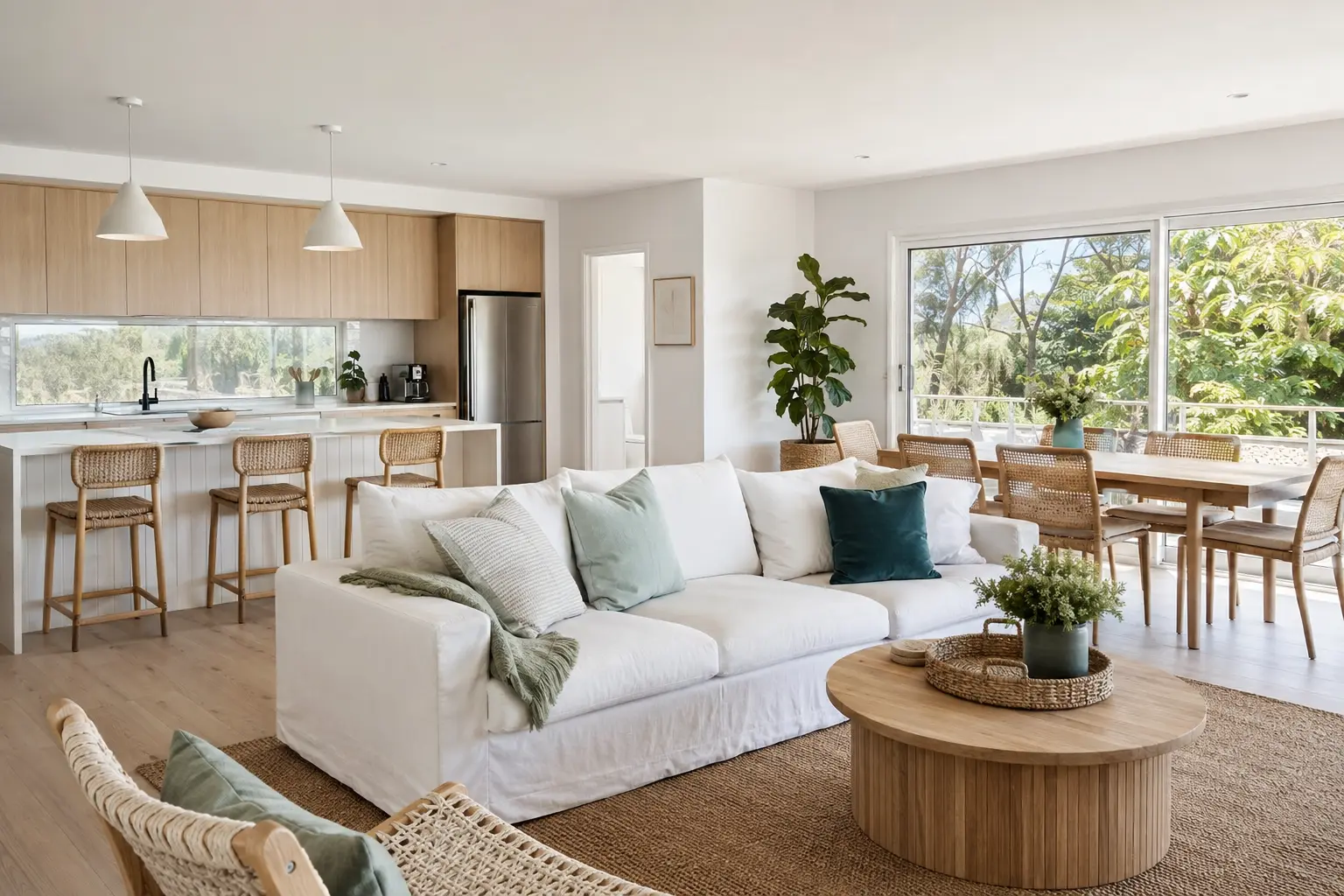 Freshly cleaned, light-filled coastal-style living room and kitchen